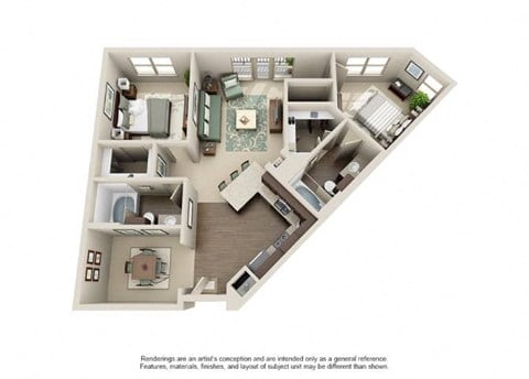 Floor plan for 2 beds, 2 baths, 1076 sqft